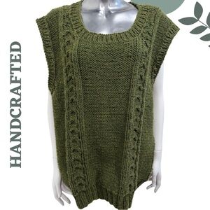 Hand Knit Olive Green Sleeveless Sweater Vest | Cozy Chunky Oversized